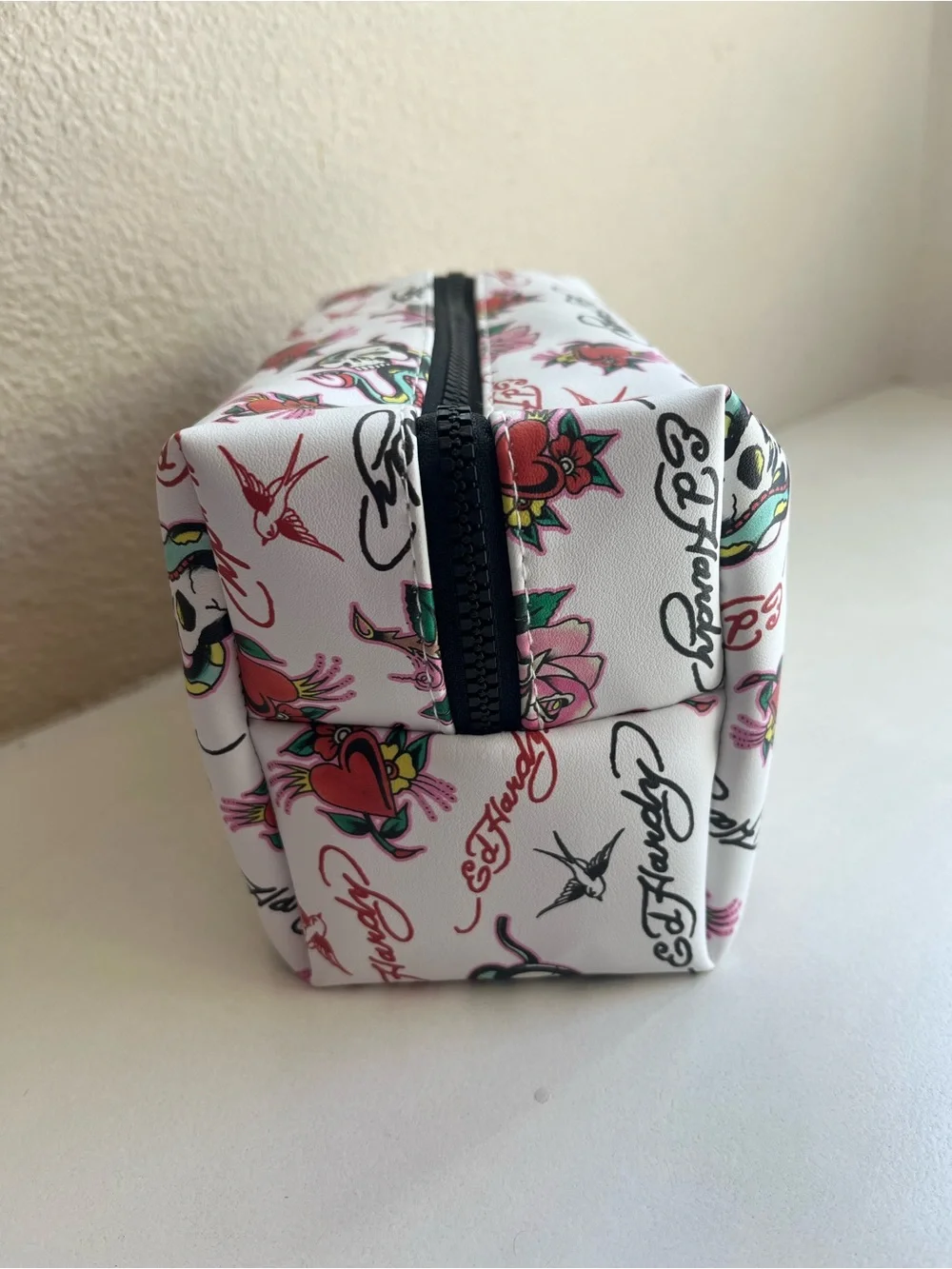 Ed Hardy White Floral & Tattoo-Print Makeup Cosmetic Pouch Tote Bag